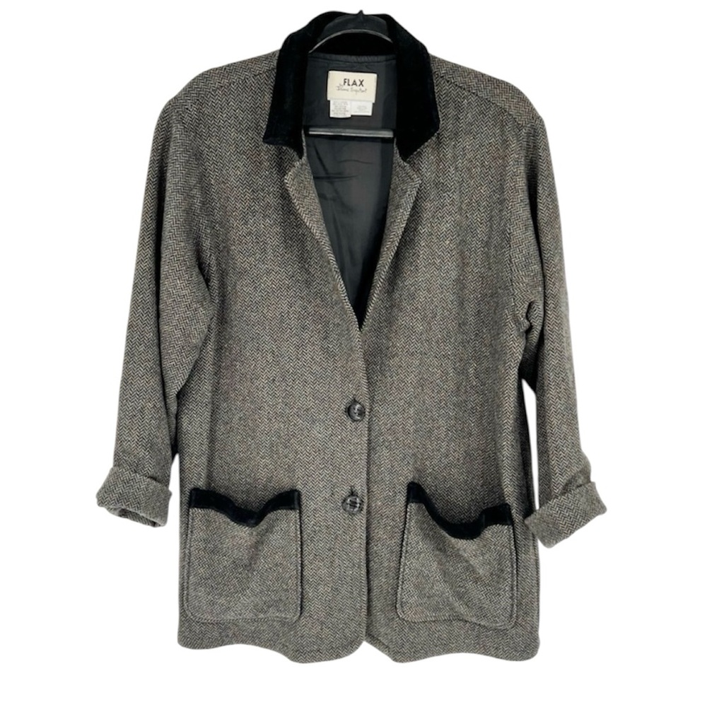Flax Herringbone Wool Cotton Black and Gray Blazer Petite large